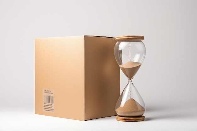 Illustrazione del concetto di tempo di consegna della clessidra e della scatola di cartone