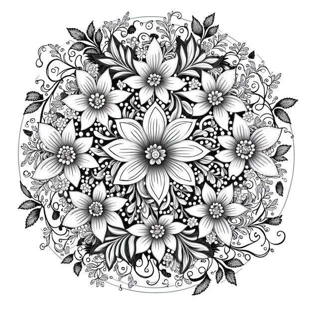Illustrazione del contorno di Flower Mandala per la pagina del libro da colorare Carta da colorare per bambini e adulti IA generativa