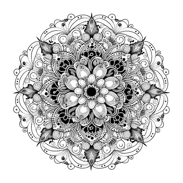 Illustrazione del contorno di Flower Mandala per la pagina del libro da colorare Carta da colorare per bambini e adulti IA generativa