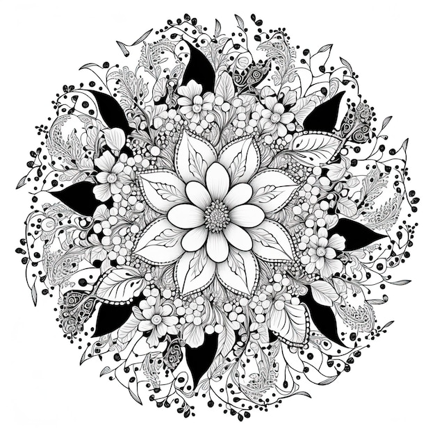Illustrazione del contorno di Flower Mandala per la pagina del libro da colorare Carta da colorare per bambini e adulti IA generativa