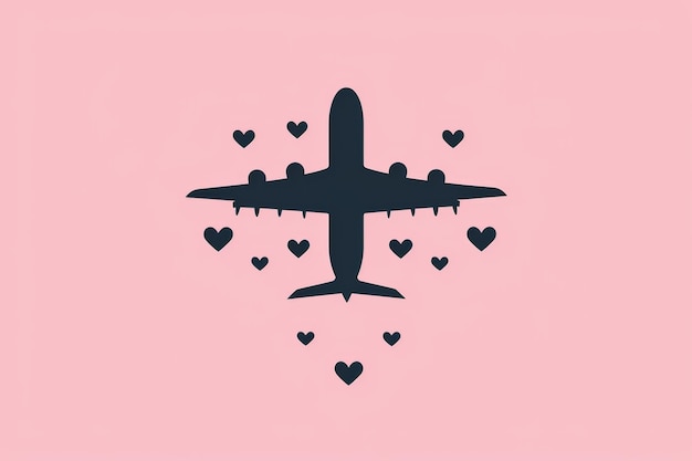 illustrazione del contorno di un aeroplano e di un cuore su sfondo rosa nello stile dell'estetica dell'istantanea