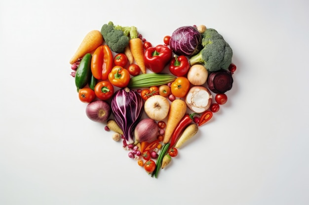 Illustrazione del cuore formato da verdure concetto di alimentazione sana sfondo bianco IA generativa