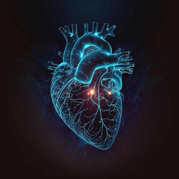Illustrazione del cuore umano nel disegno incandescente effetto 3d con uno sfondo isolato