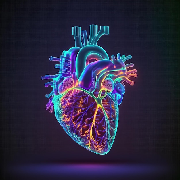 Illustrazione del cuore umano nel disegno incandescente effetto 3d con uno sfondo isolato