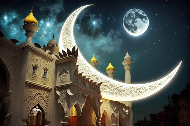 Illustrazione del design della luna crescente crescente che inaugurerà il mese sacro del Ramadan generato dall'IA