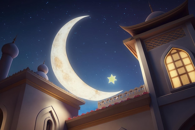 Illustrazione del design della luna crescente crescente che inaugurerà il mese sacro del Ramadan generato dall'IA