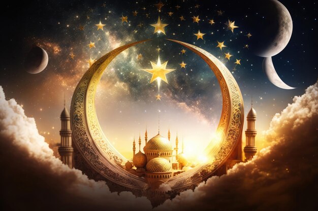 Illustrazione del design della luna crescente crescente che inaugurerà il mese sacro del Ramadan generato dall'IA