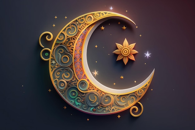 Illustrazione del design della luna crescente crescente che inaugurerà il mese sacro del Ramadan generato dall'IA