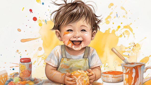 Illustrazione del disordine che i bambini creano mentre sperimentano il cibo