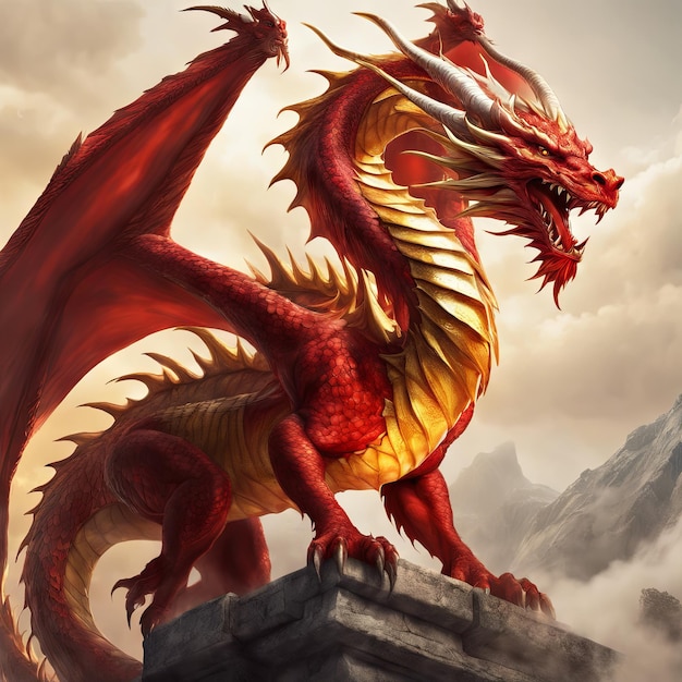 Illustrazione del dragone epico rosso e dorato per lo sfondo del capodanno cinese