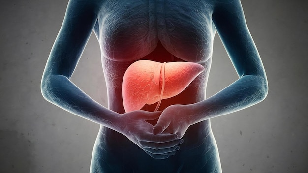 Illustrazione del fegato sul corpo di una donna sullo sfondo grigio concetto di epatite con l'assistenza sanitaria a