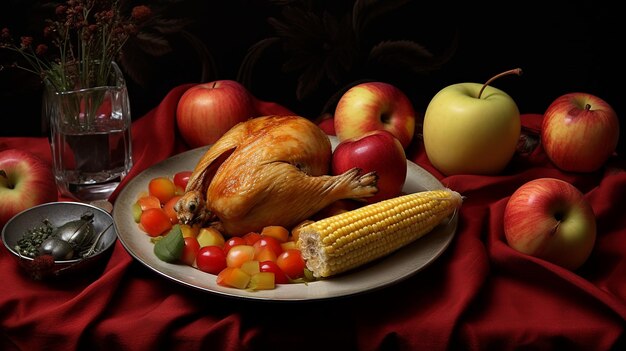Illustrazione del felice menu del Ringraziamento sul tavolo da pranzo come concetto di festaTacchino arrosto con salsa di mirtilli rossi e ripieno Ai generativo