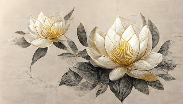 Illustrazione del fiore di loto bianco Bud erbario combinazione di colori di lusso bagliore dorato modello astratto stile disegnato a mano grigio pastello sfondo pianta secca carta stropicciata opera d'arte 3D