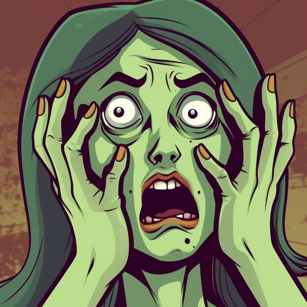 Illustrazione del fumetto di una donna con i capelli verdi che copre il volto generativo ai