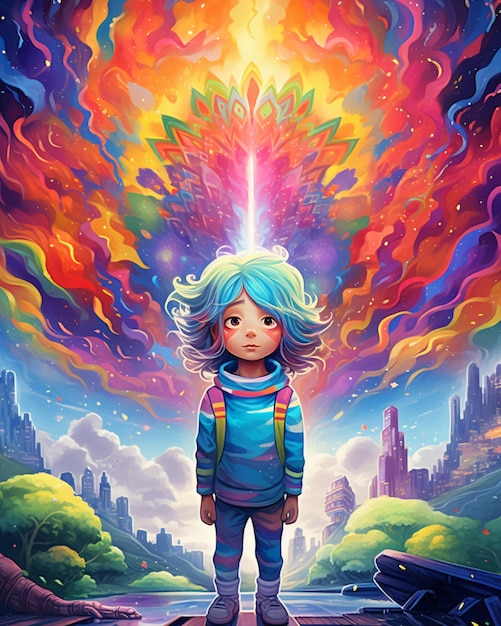Illustrazione del fumetto di una ragazza in piedi su una piattaforma con un cielo colorato arcobaleno sullo sfondo ai generativo