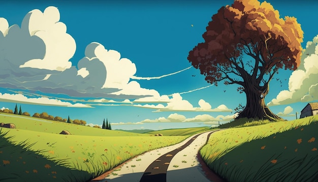 Illustrazione del fumetto di una strada che conduce a un albero in un campo generativo ai