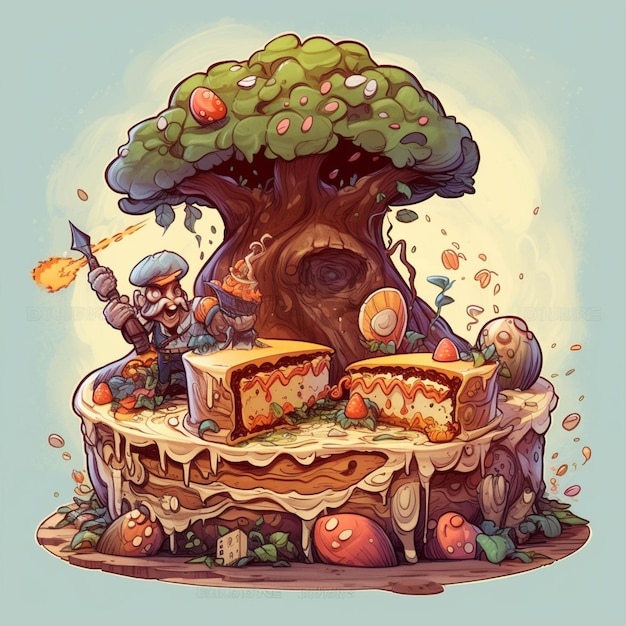 Illustrazione del fumetto di una torta con un albero gigante e un cavaliere in cima ai generativa