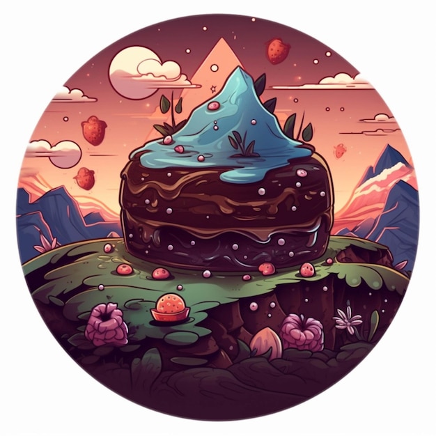 Illustrazione del fumetto di una torta con una montagna sullo sfondo ai generativa