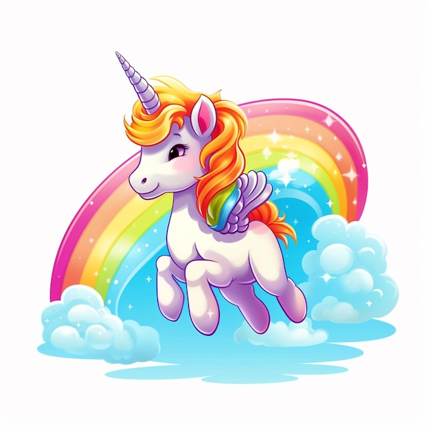 Illustrazione del fumetto di unicorno carino con arcobaleno e nuvole