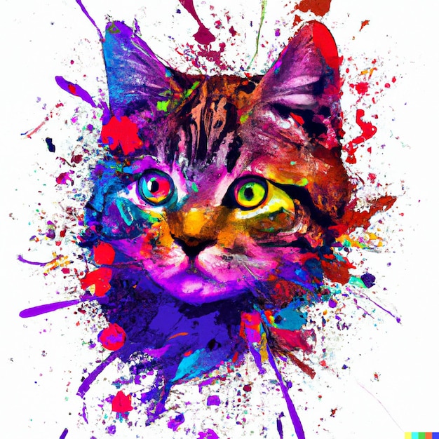 Illustrazione del gatto con pennelli spruzzati colorati faccia di gatto realistica con spruzzi di vernice