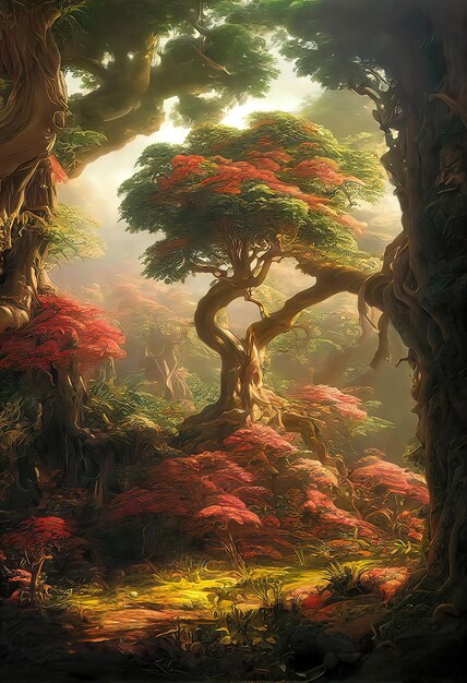 Illustrazione del giardino incantato con grande albero, bellissimo giardino astratto di fantasia