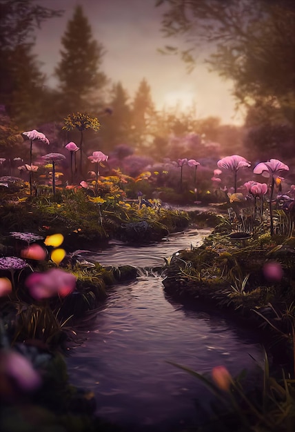 Illustrazione del giardino incantato con lago magico, bellissimo giardino fantasy astratto