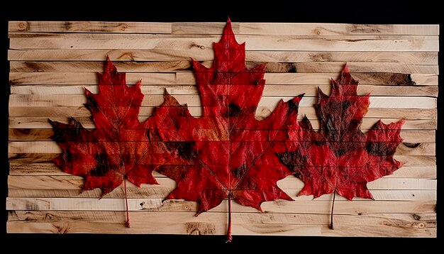 Illustrazione del Giorno del Canada del 1° luglio con foglie di acero su sfondo di legno