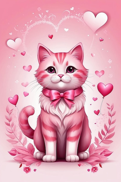 Illustrazione del giorno di San Valentino con un gatto rosa carino sullo sfondo d'amore adatto per biglietti d'invito di san Valentino e biglietti di auguri