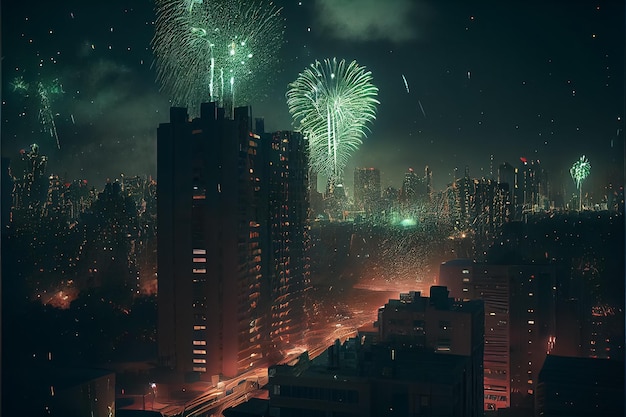 Illustrazione del giorno festivo di Patrick Fuochi d'artificio verde chiaro oro smeraldo bokeh sfondo AI