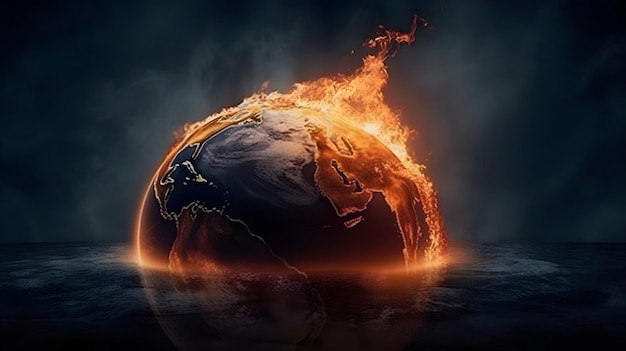 Illustrazione del globo terrestre in fiamme o in fiamme che aumenta la temperatura Cambiamenti climatici che bruciano il concetto di riscaldamento globale della terra