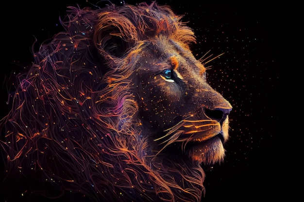 Illustrazione del leone in colori al neon su sfondo nero AI