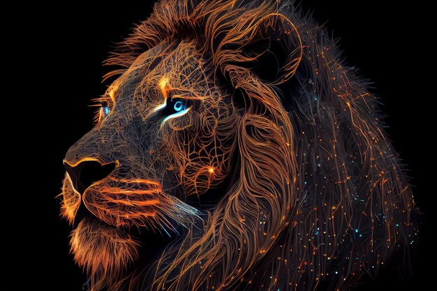 Illustrazione del leone in colori al neon su sfondo nero AI