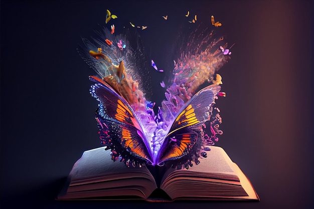 Illustrazione del libro con farfalla al neon e luce magica AI