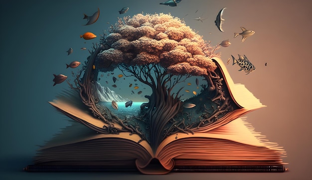 Illustrazione del libro con la giornata mondiale del libro del mare e dei pesci dell'albero