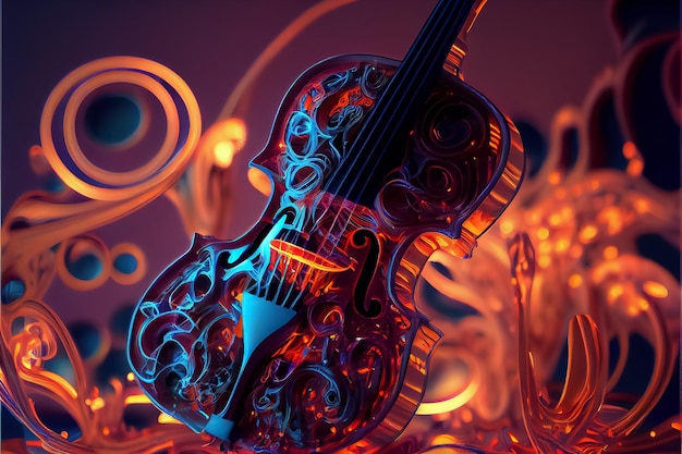 Illustrazione del maestoso violino con strumento a corde di musica ad arco in colori al neon