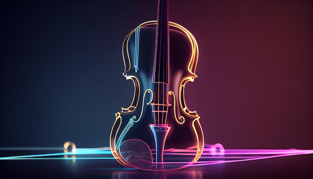 Illustrazione del maestoso violino con strumento a corde di musica ad arco in colori al neon