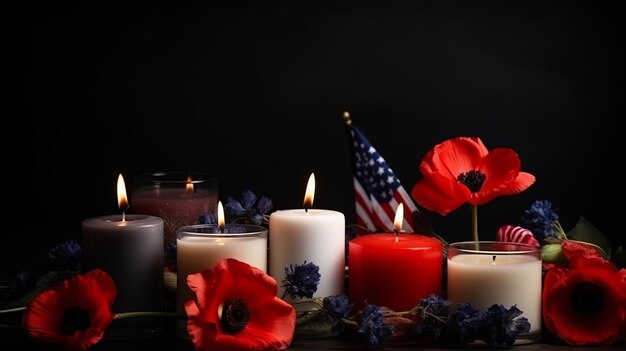 Illustrazione del Memorial Day con bandiera usa e candela Generativo ai