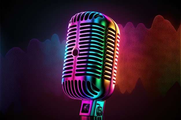 Illustrazione del microfono da studio per podcast, sfondo con luci al neon. IA generativa