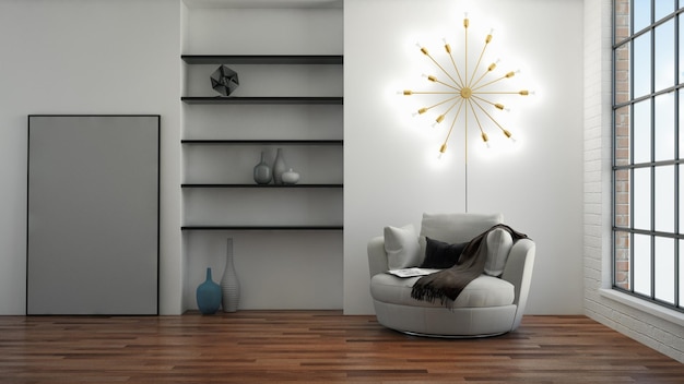 Illustrazione del mockup della stanza degli interni luminosi minimi moderni di lusso di grandi dimensioni Rendering 3D
