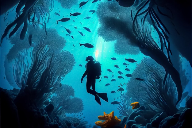 Illustrazione del mondo sottomarino con subacqueo e barriere coralline AI