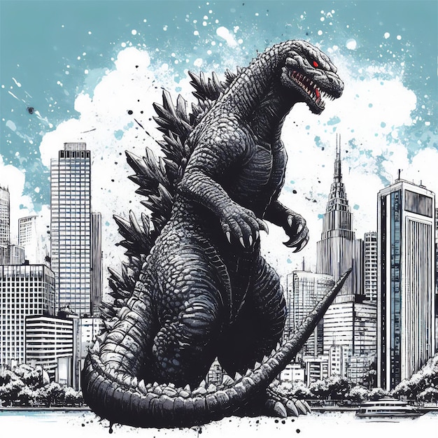 Illustrazione del mostro giapponese Godzilla in una città in bianco e nero