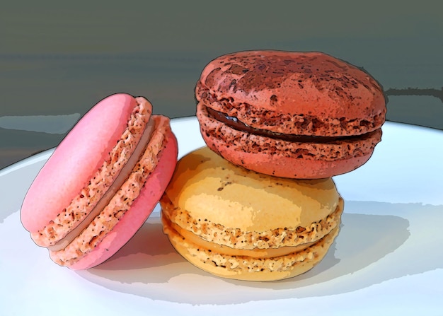 Illustrazione del mucchio di pasticcini colorati Macaron sul piatto bianco