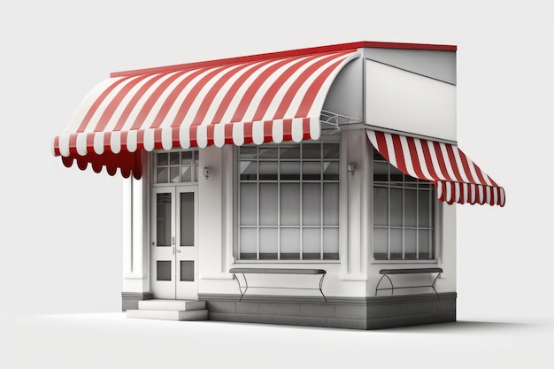 Illustrazione del negozio con tenda da sole rossa e bianca sfondo bianco IA generativa