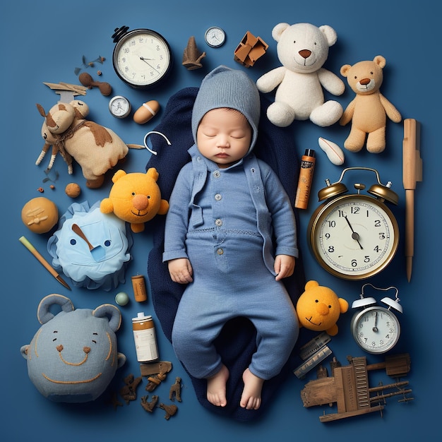 illustrazione del neonato addormentato su una coperta blu circondata
