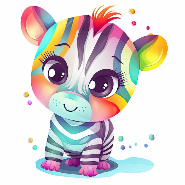 Illustrazione del pacchetto di design zebra giocoso Baby zebra set illustrazione con occhi carini e spruzzi di colore Zebra che gioca e sorride su uno sfondo bianco Baby zebra seduto e sorridente IA generativa