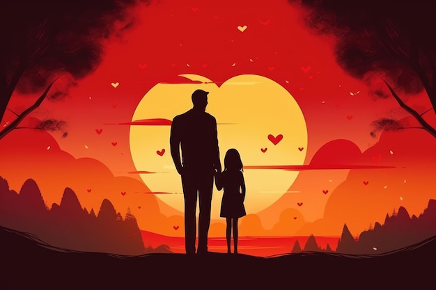 Illustrazione del padre con la figlia all'immagine della celebrazione della festa del papà al tramonto