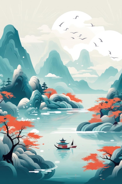 Illustrazione del paesaggio del fiume Guilin Li e delle montagne carsiche Cina Ai generativa