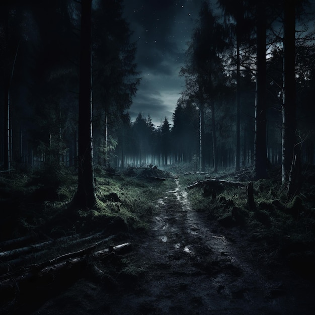illustrazione del paesaggio della foresta oscura di notte con messa a fuoco nitida intricata