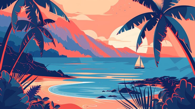 Foto illustrazione del paesaggio della spiaggia tropicale con palme dell'oceano, montagne e barche a vela, concetto di viaggio, vacanza, estate e paradiso
