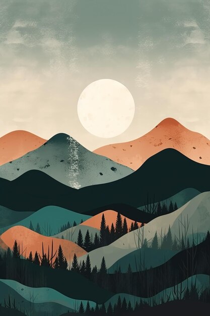 Illustrazione del paesaggio delle montagne Boho e del sole generata da Ai